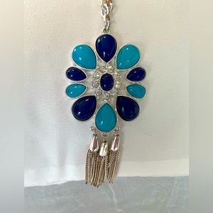 White House Black Market blue jewel and silver chain tassel statement necklace